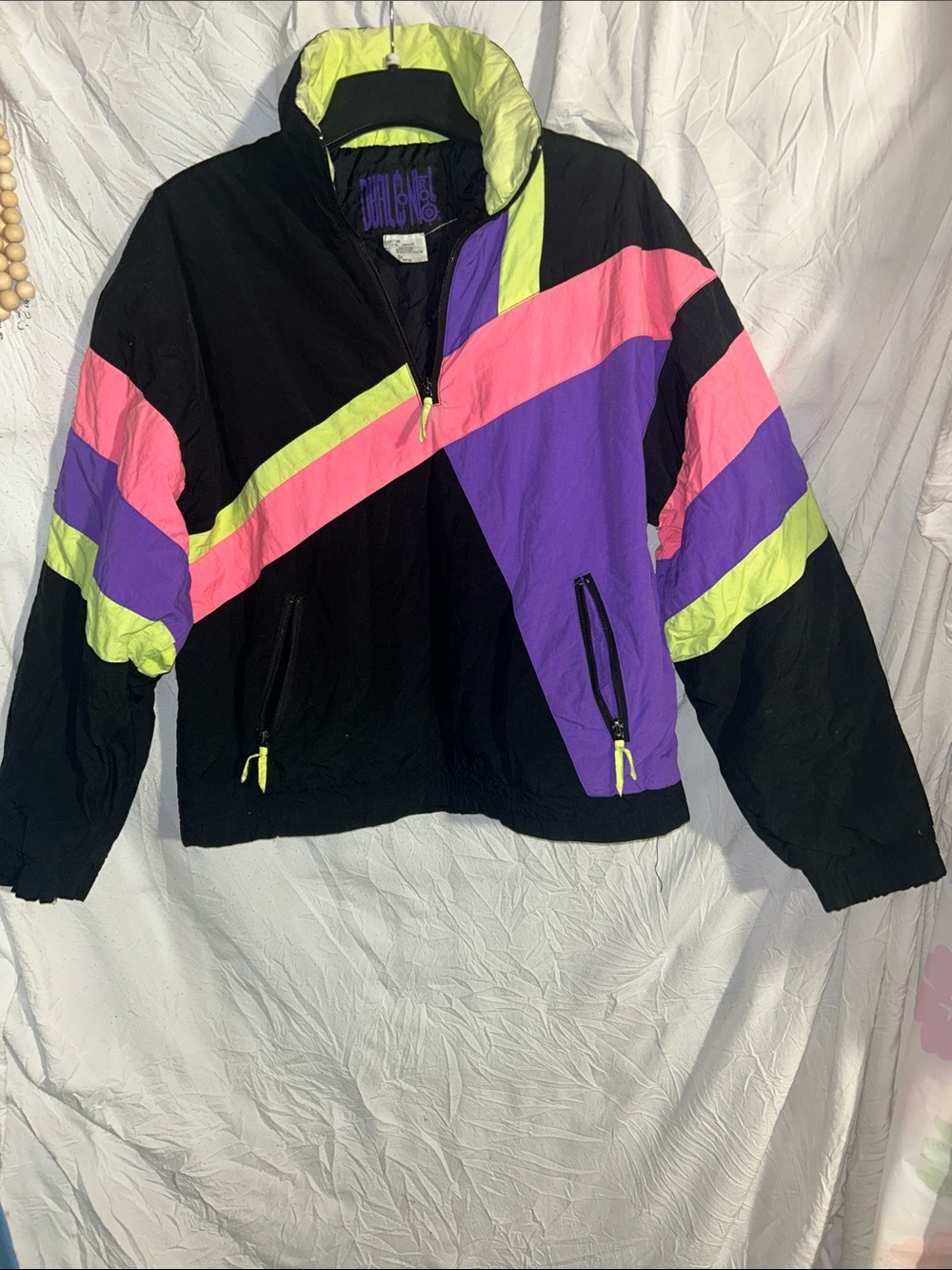 DUal Control. 80’s Black Ski Jacket with Neon Pink, Purple & Lime Accents size M